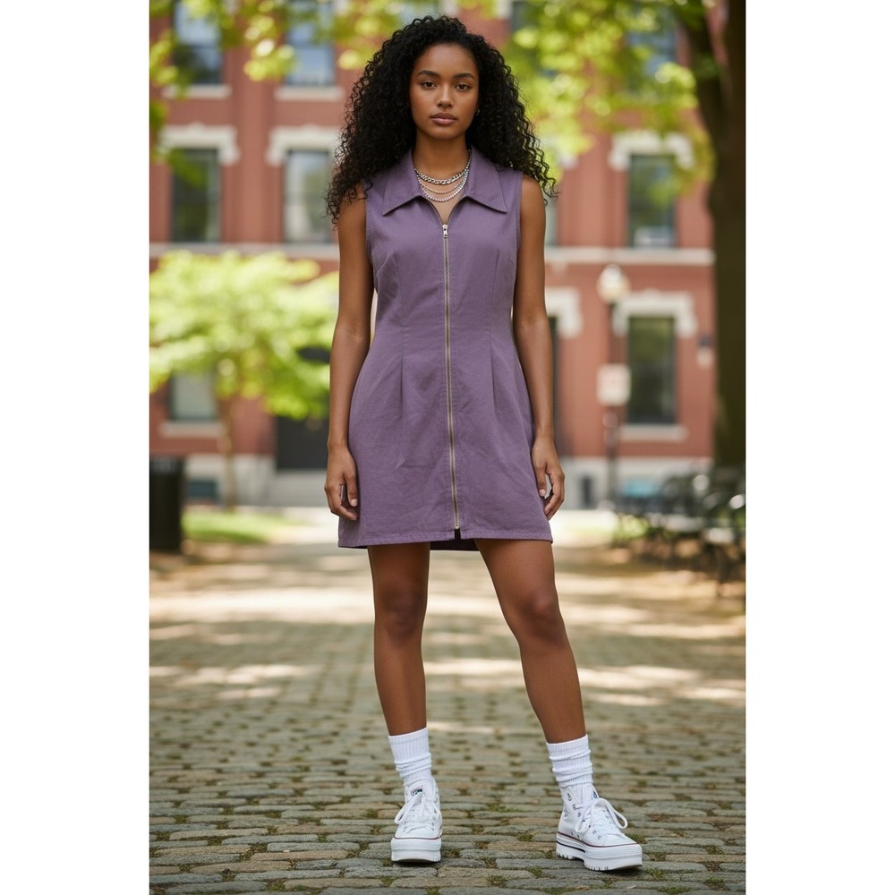 Vintage N2‎ Not Guilty Womens 7/8 Purple Zip Front Canvas Mini Dress USA Utility